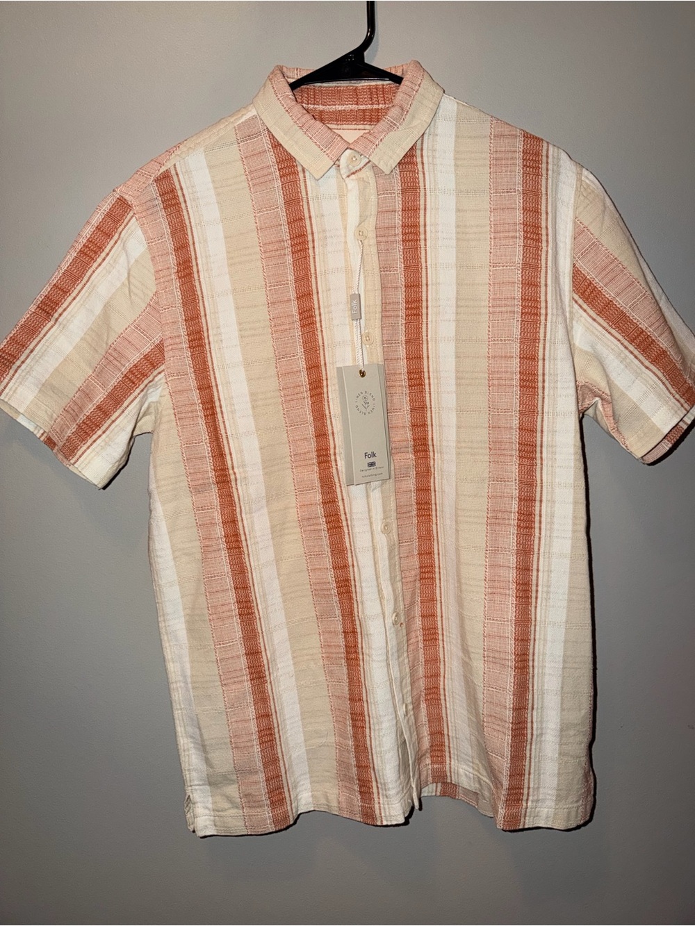 Folk Short Sleeve Vertical Stripe Button-Up Shirt - Cream & Tan & Orange